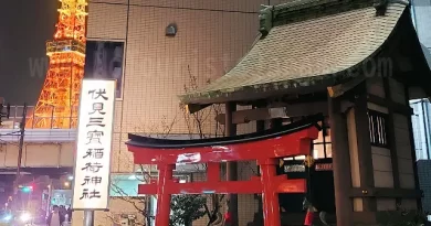Night view of Fushimi Sanpō Inari Shrine (伏見三寶稲荷神社) in Tokyo with Tokyo Tower illuminated behind high-rise buildings