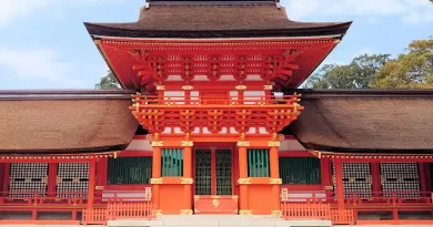 View of Usa Jingu (宇佐神宮) in Oita Prefecture, a serene Hachiman shrine with vermilion halls